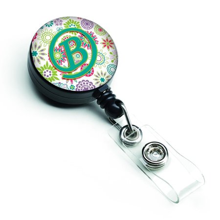 CAROLINES TREASURES Letter B Flowers Pink and Teal Green Initial Retractable Badge Reel CJ2011-BBR